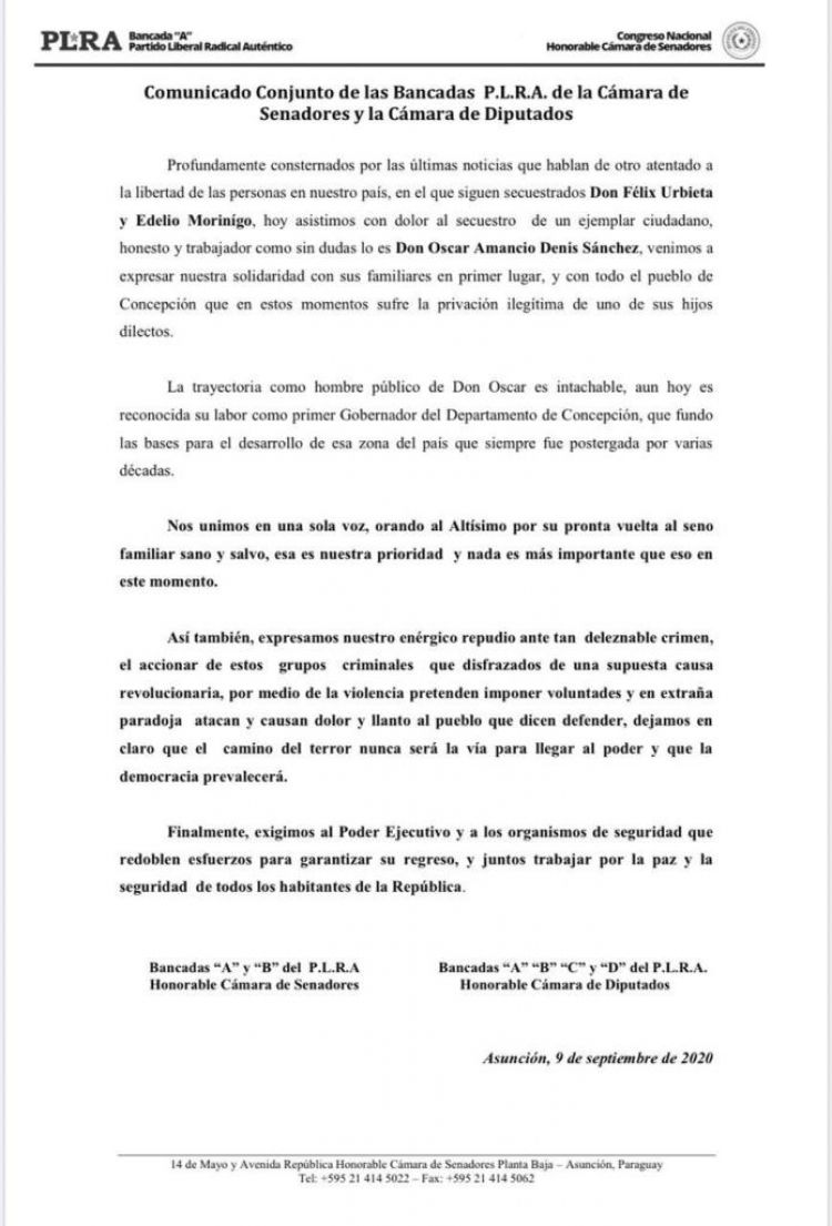 Liberales se solidarizan con familiares de scar Denis y piden redoblar esfuerzos para su regreso