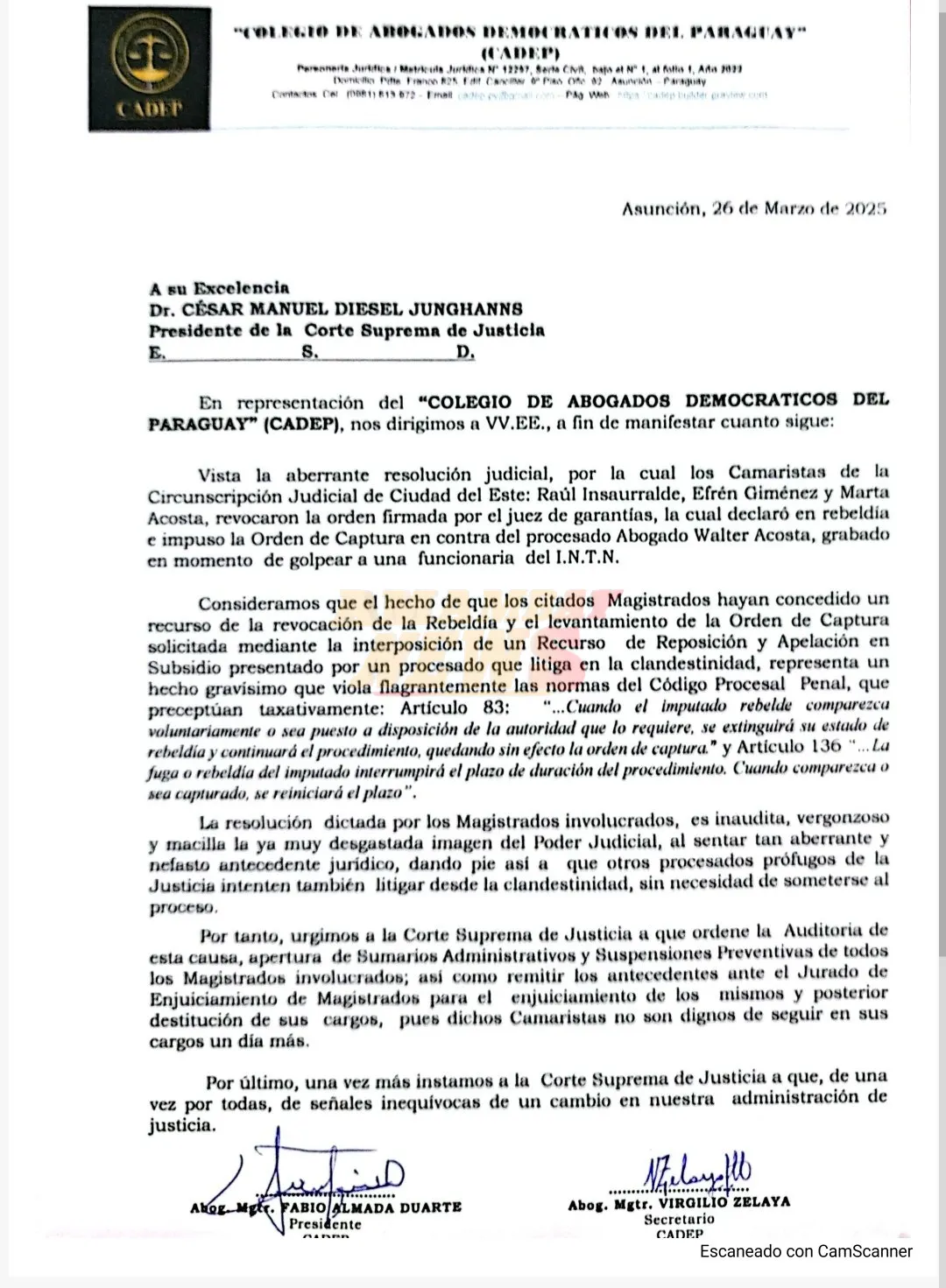 Colegio de abogados pide a la CSJ auditoría de causa contra abogado Walter Acosta