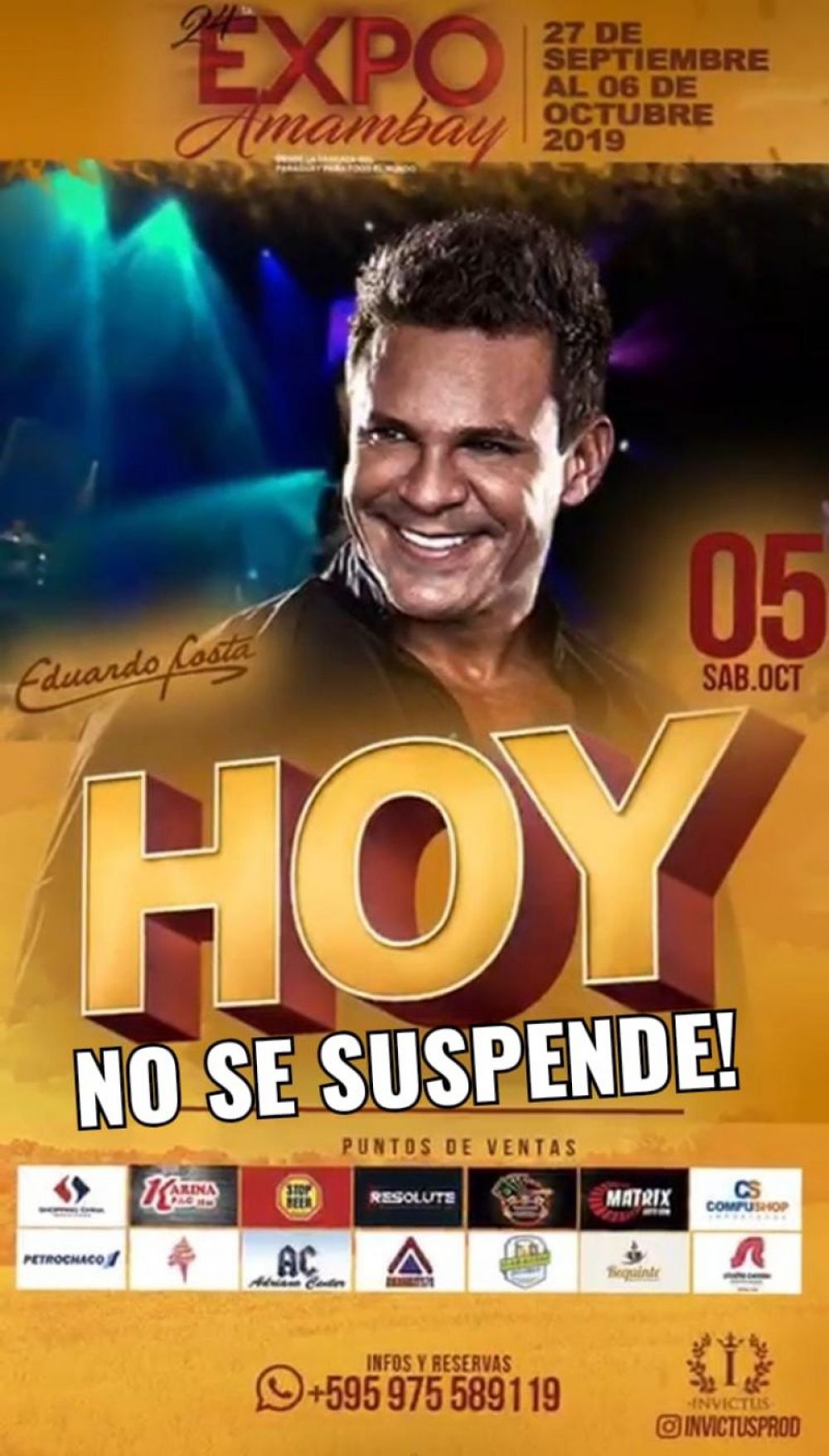 Expo Amambay: Show de Eduardo Costa no se suspende por lluvia