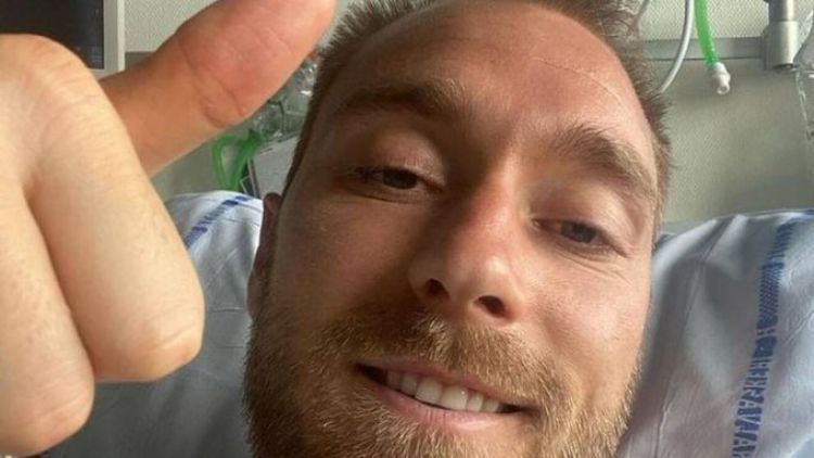 Eriksen publicó una foto y envió saludos desde el hospital