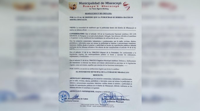 Llamativa resolución en Mbaracayu: prohíben el portugués en publicidades