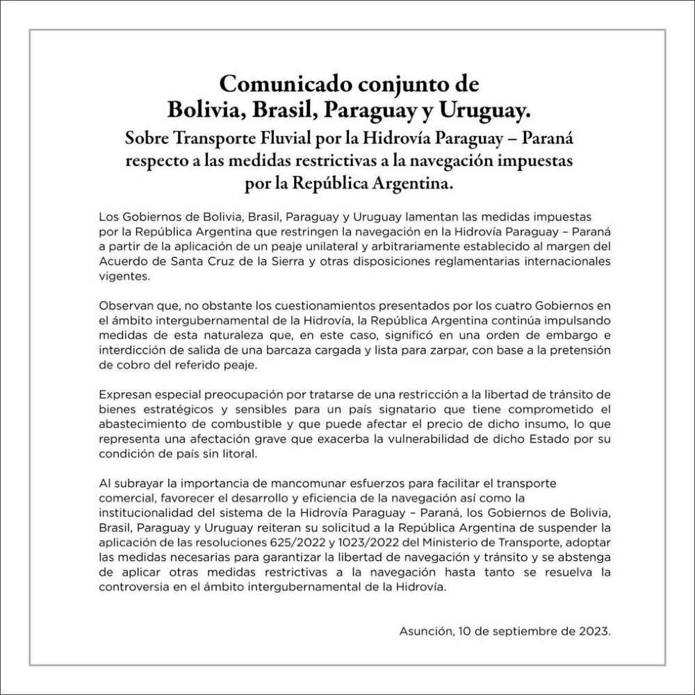 Hidrovía: Brasil, Bolivia y Uruguay se suman al reclamo paraguayo