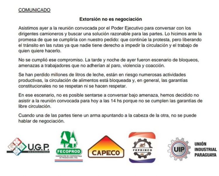 Gremios de la producción no asistirán a la reunión con camioneros