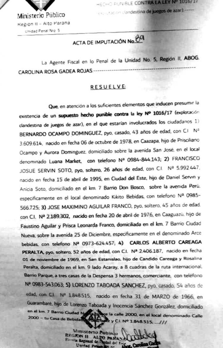 Fiscalía imputa a siete personas por explotación ilegal de juegos de azar en CDE