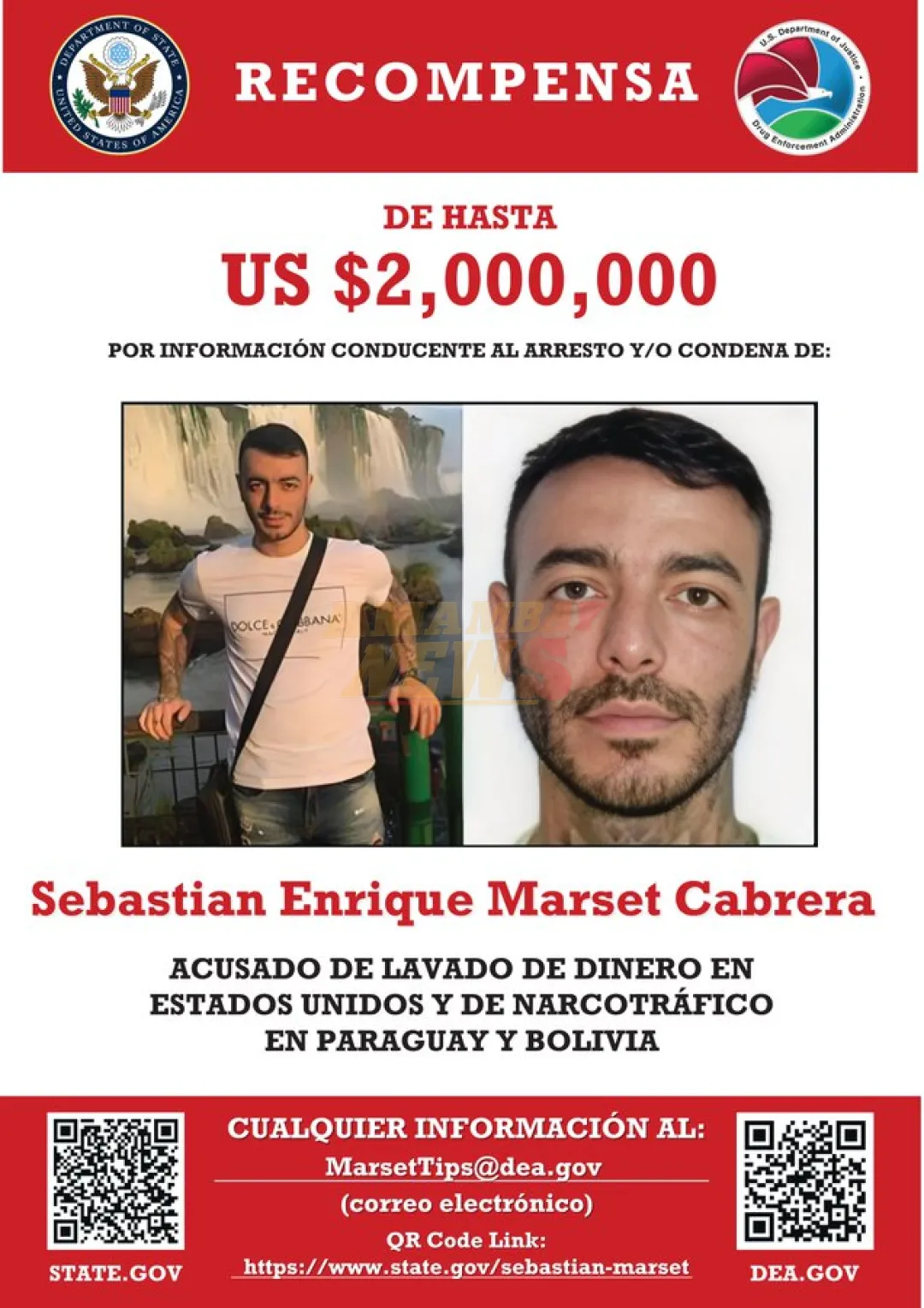 Estados Unidos ofrecen 2 millones de dólares por captura de Sebastian Marset