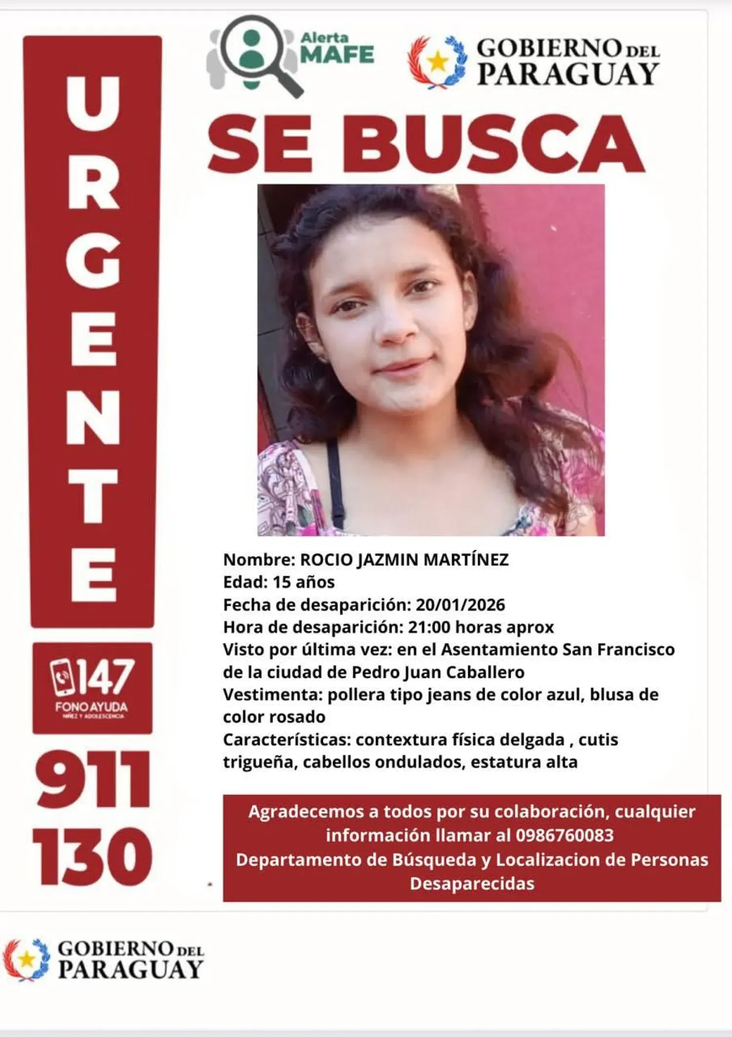Buscan a adolescente de 15 años desaparecida hace 10 días en Pedro Juan Caballero