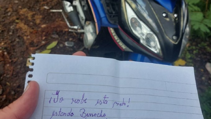 “Borracho” robó una motocicleta y la devolvió con una carta