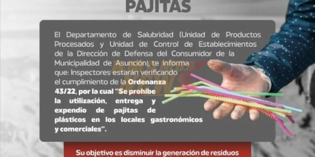 Comuna recuerda prohibición de uso de pajitas de plástico en Asunción y advierte sobre fuertes multas