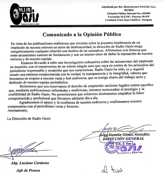 Nota Aclaratoria de radio Imperio 106.7 FM de Pedro Juan Caballero