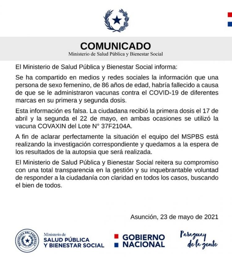 Salud aclara sobre la muerte de octogenaria por supuesta vacunación irregular