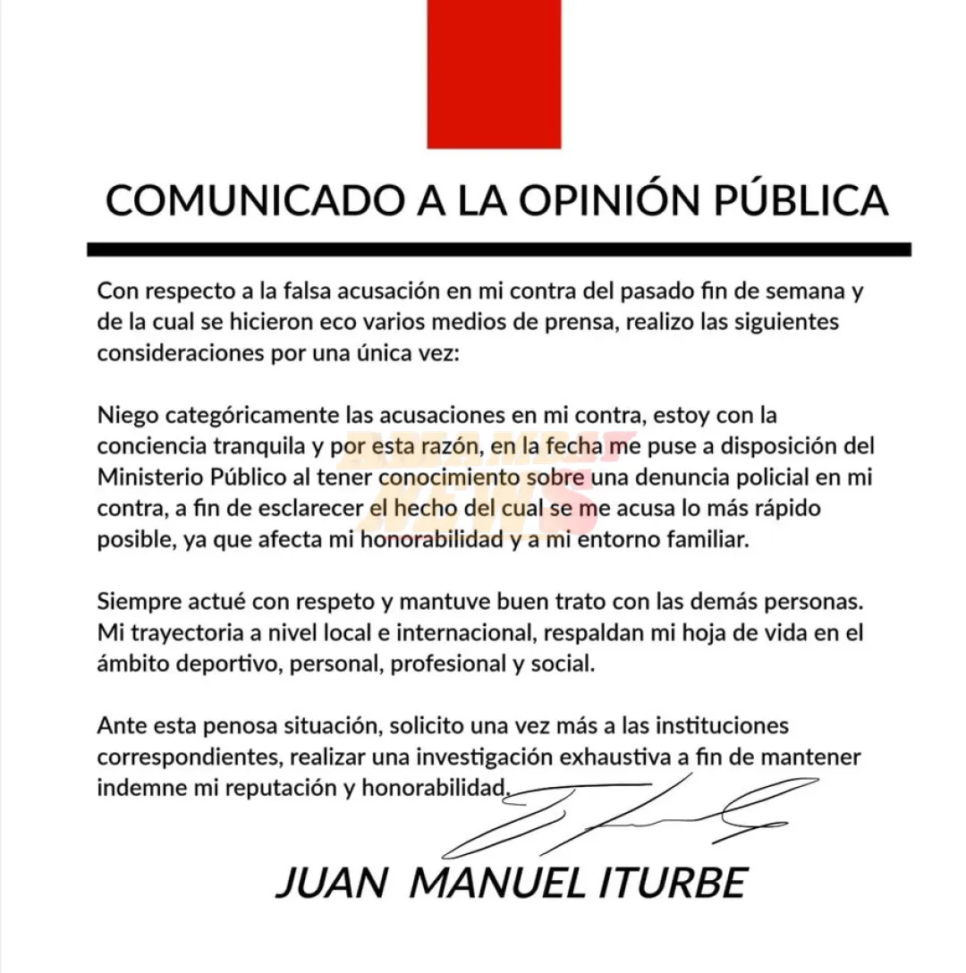 Comunicado del futbolista Juan Manuel Iturbe tras denuncia por supuesto manoseo a una mujer en una discoteca