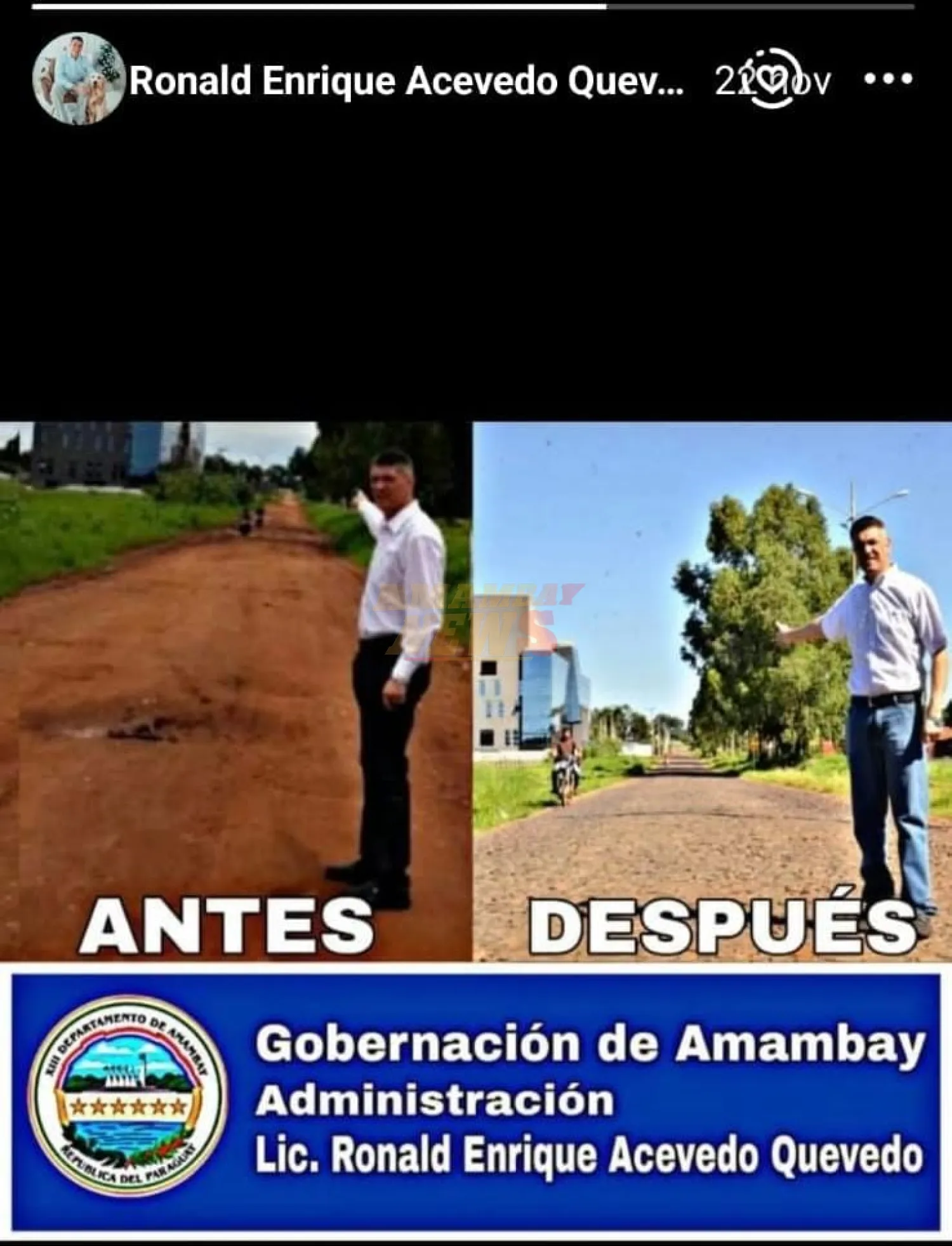 Itaipu va asfaltar obra del exgobernador de Amambay, Ronald Acevedo en Pedro Juan Caballero