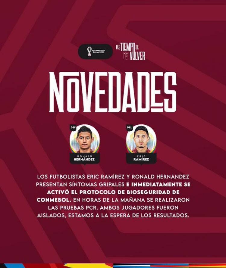 Dos bajas en Venezuela para enfrentar a Paraguay