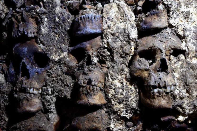 Arqueólogos mexicanos descubren fachada de torre azteca de cráneos humanos