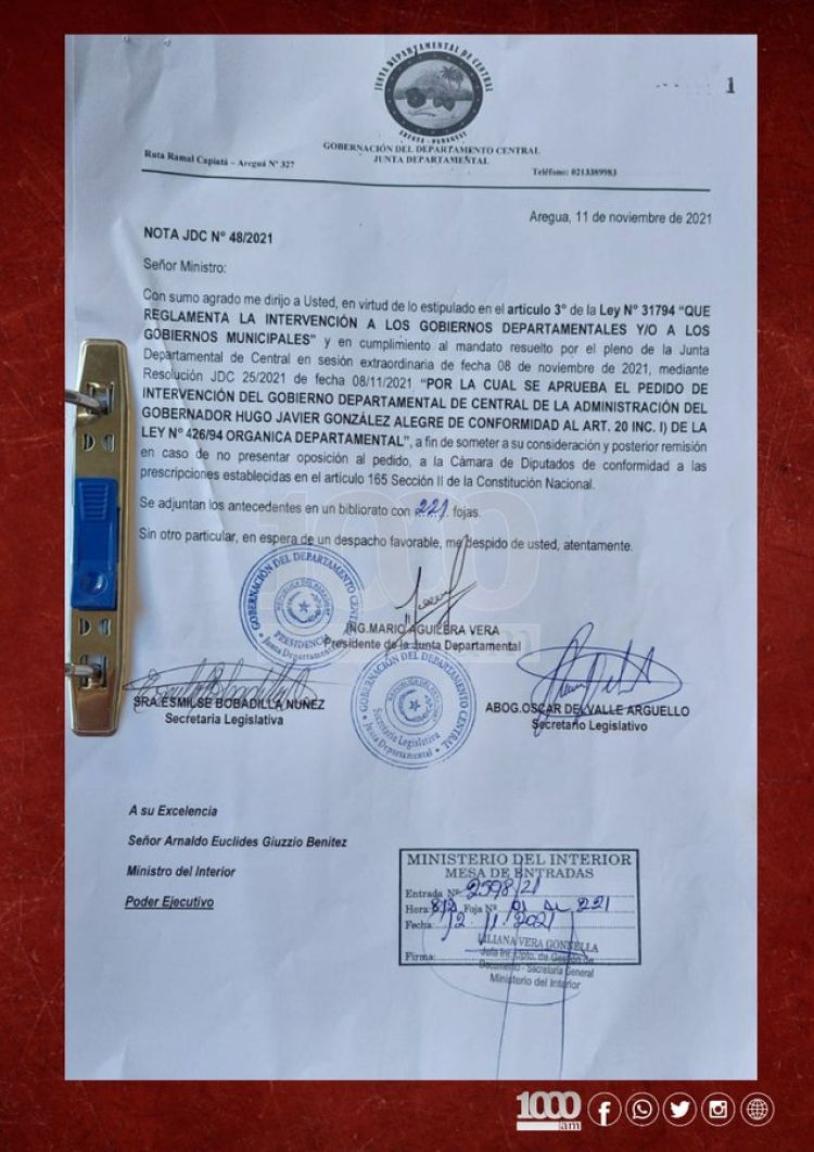 Pedido de intervención ya está en el Ministerio del Interior