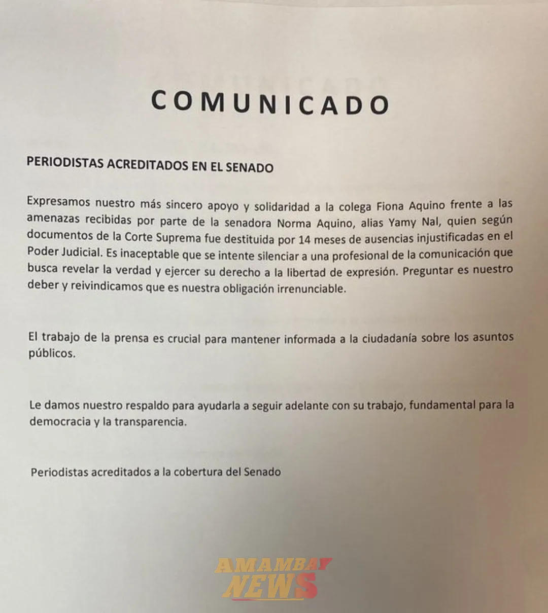Periodistas acreditados ante el Senado emiten comunicado de apoyo a la periodista Fiona Aquino