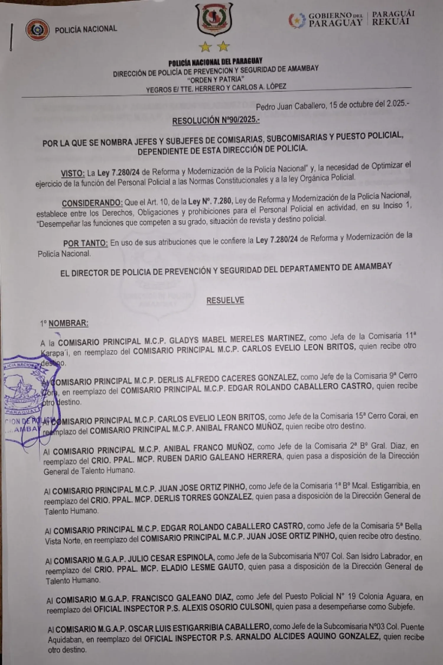 Renuevan jefaturas de comisarías en el departamento de Amambay