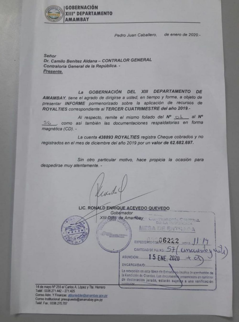 Gobernación de Amambay cumplió en tiempo y forma como manda la ley