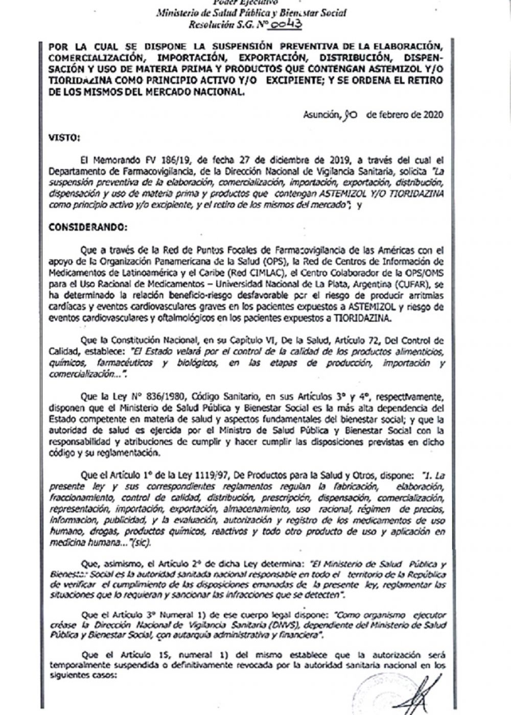Salud dispone suspensión preventiva de productos con astemizol y/o tioridazina