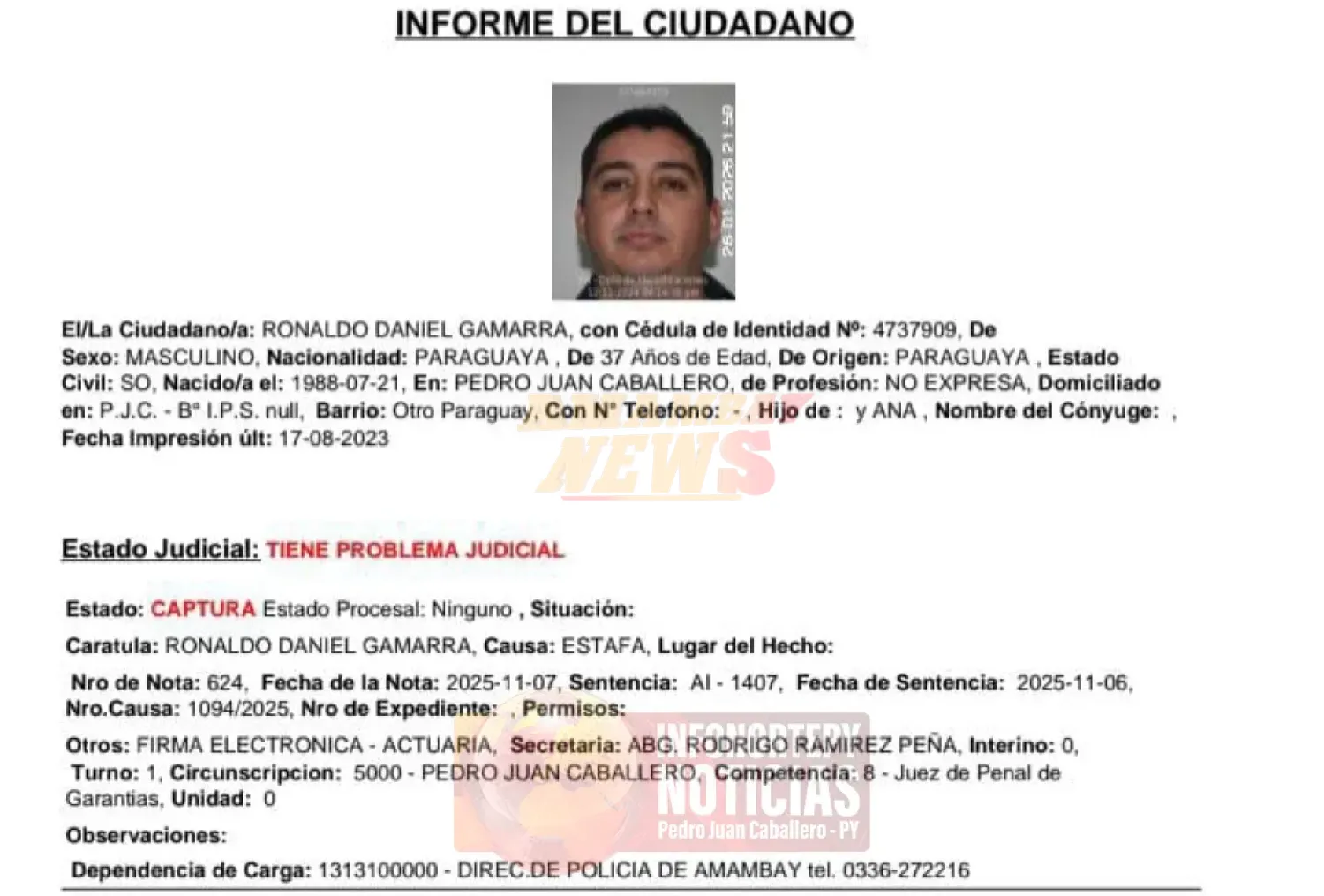 Detienen a hombre con orden de captura por estafa en Pedro Juan Caballero