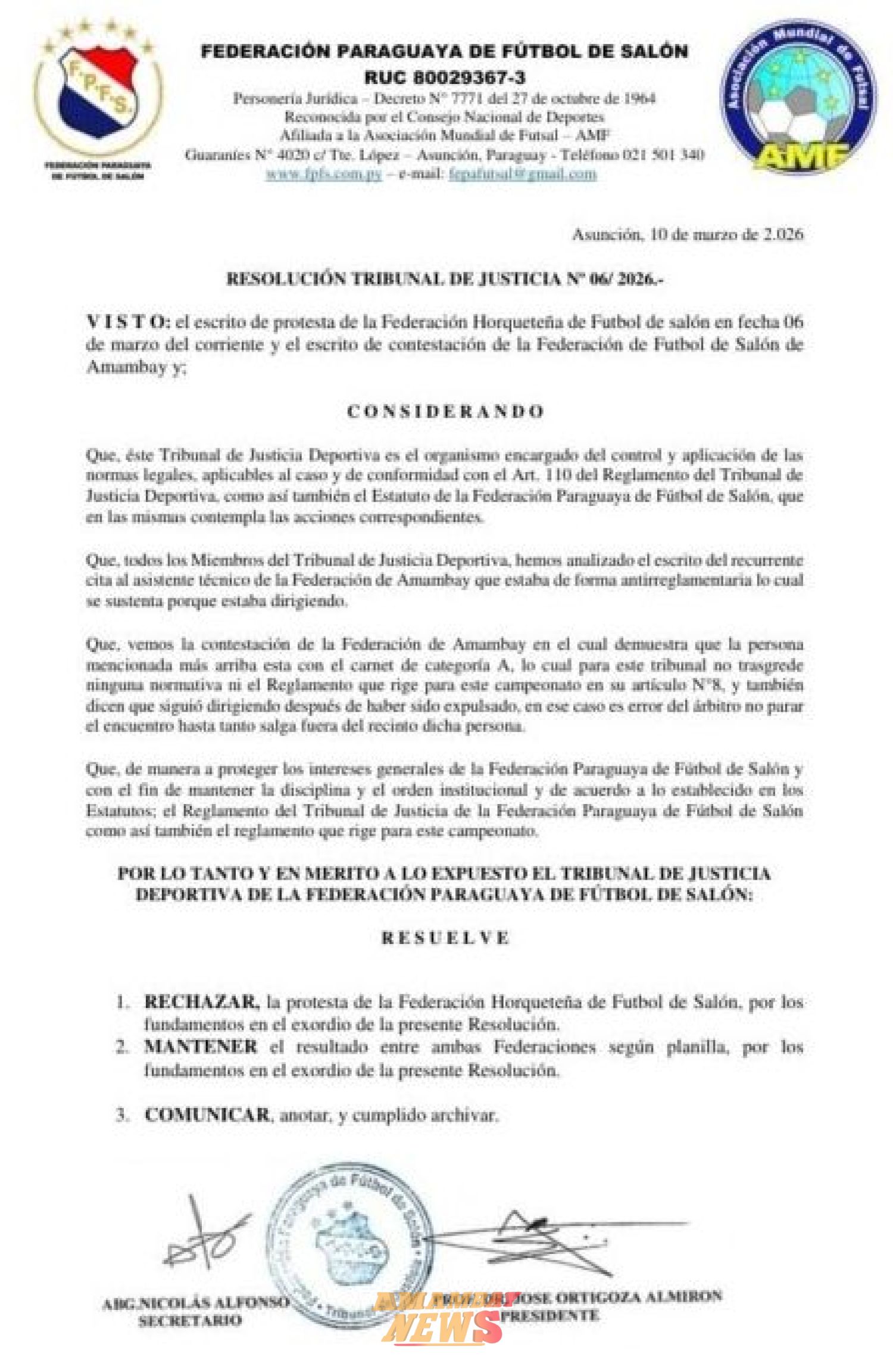 Rechazan protesta de Horqueta y se mantiene resultado ante Amambay