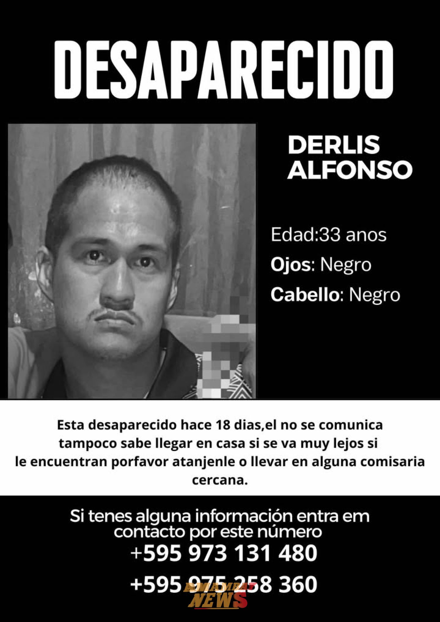 Familia pide ayuda para localizar a Derlis Daniel Alfonso desaparecido en PJC